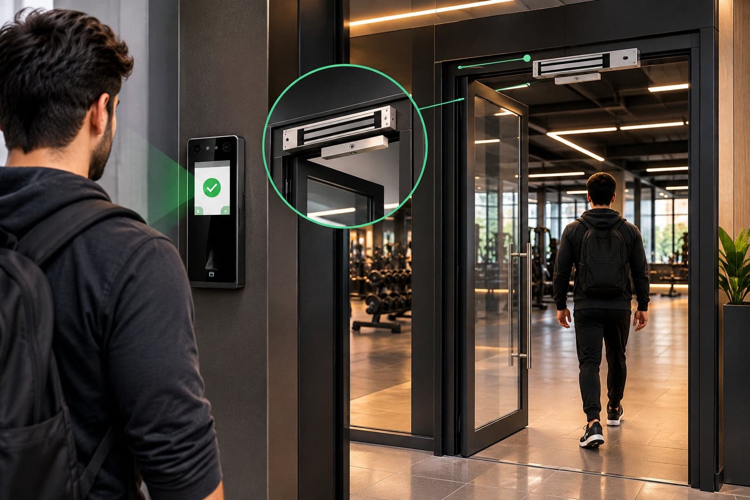 A visitor looks at a wall-mounted face reader showing a green tick while the magnetic lock on the glass door frame releases