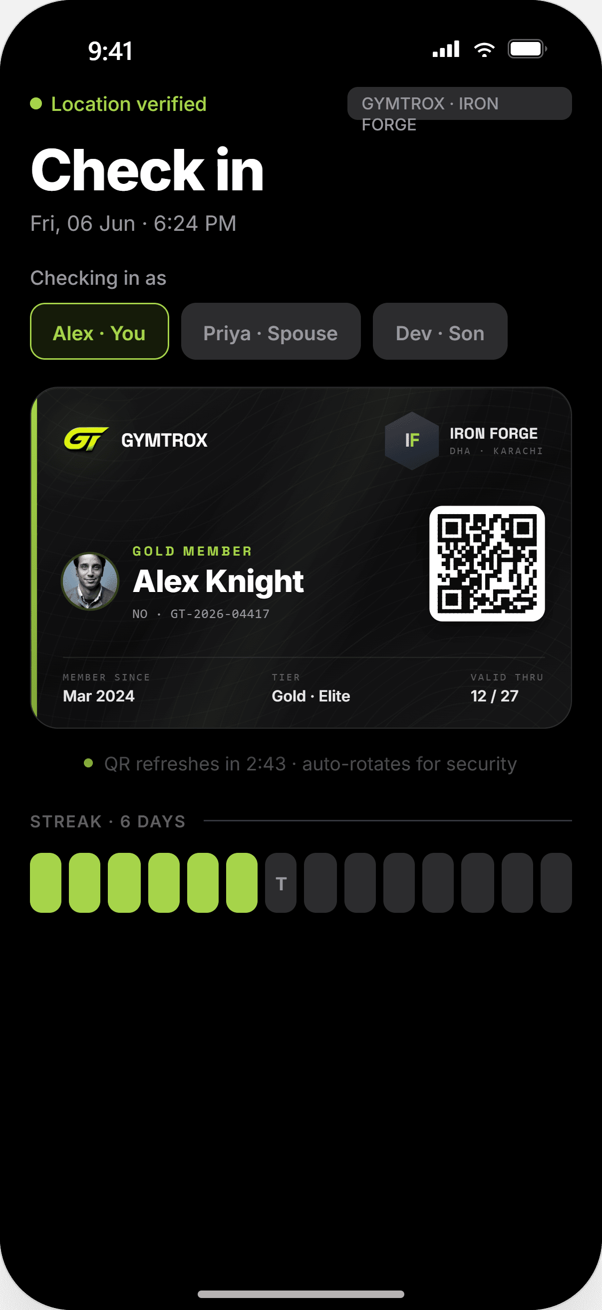 The GYMTROX member app — the e-gym card with a live QR