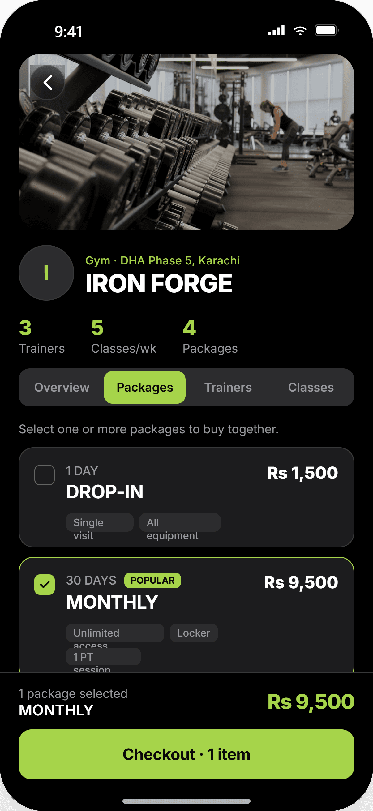 member app — gym detail with packages to buy