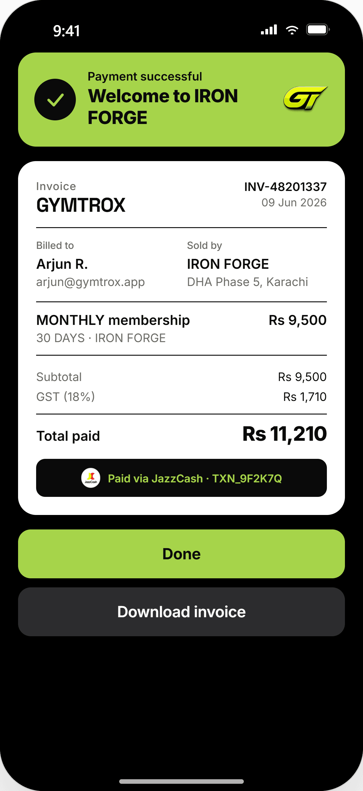 member app — paid membership invoice & confirmation