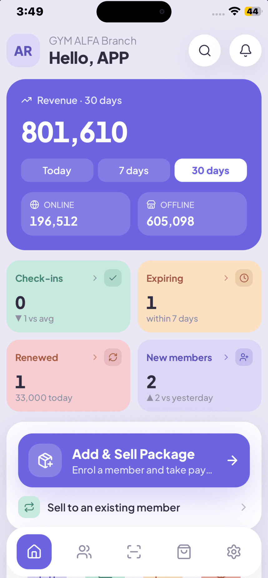 GYMTROX Business gym management app — owner dashboard showing revenue, check-ins and expiring memberships