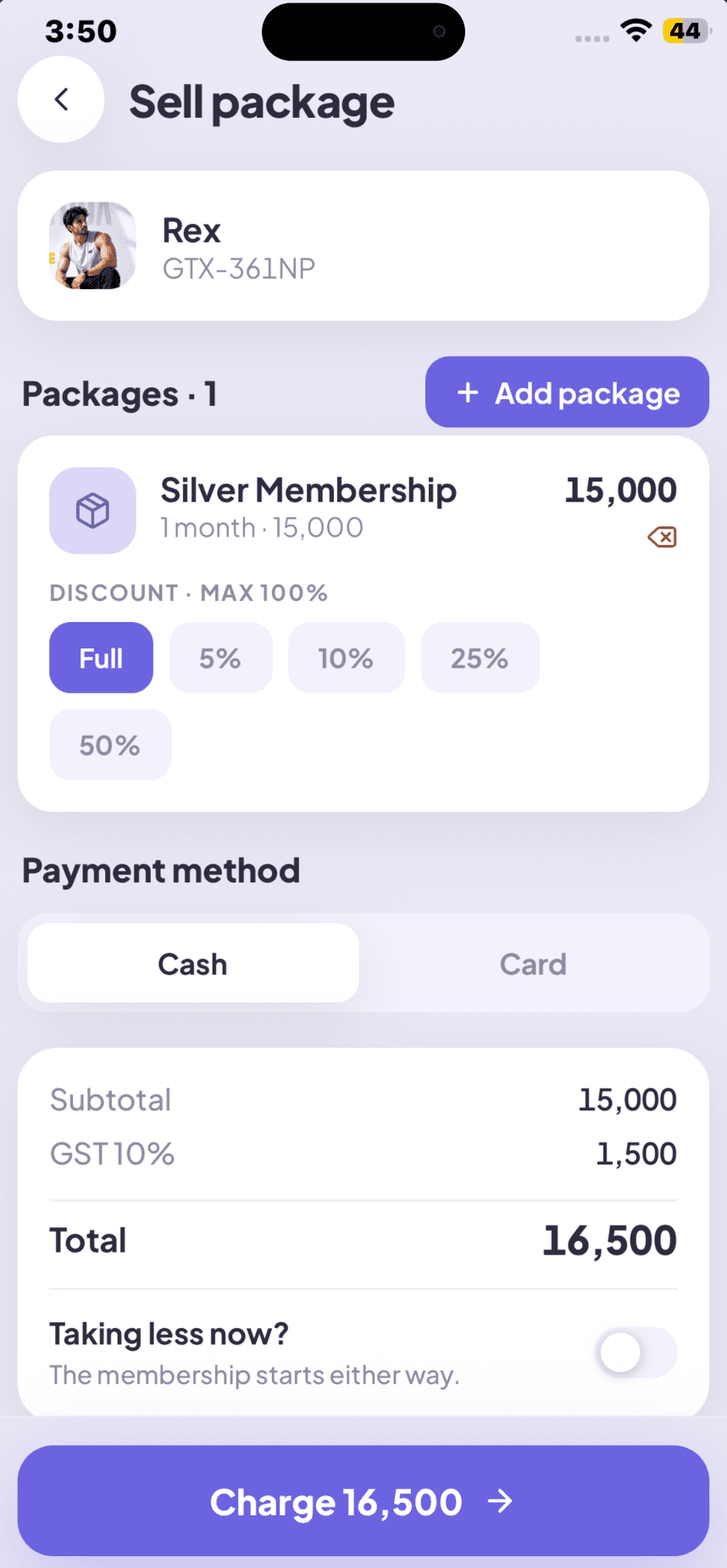 GYMTROX Business app — selling a gym membership package with a discount and GST