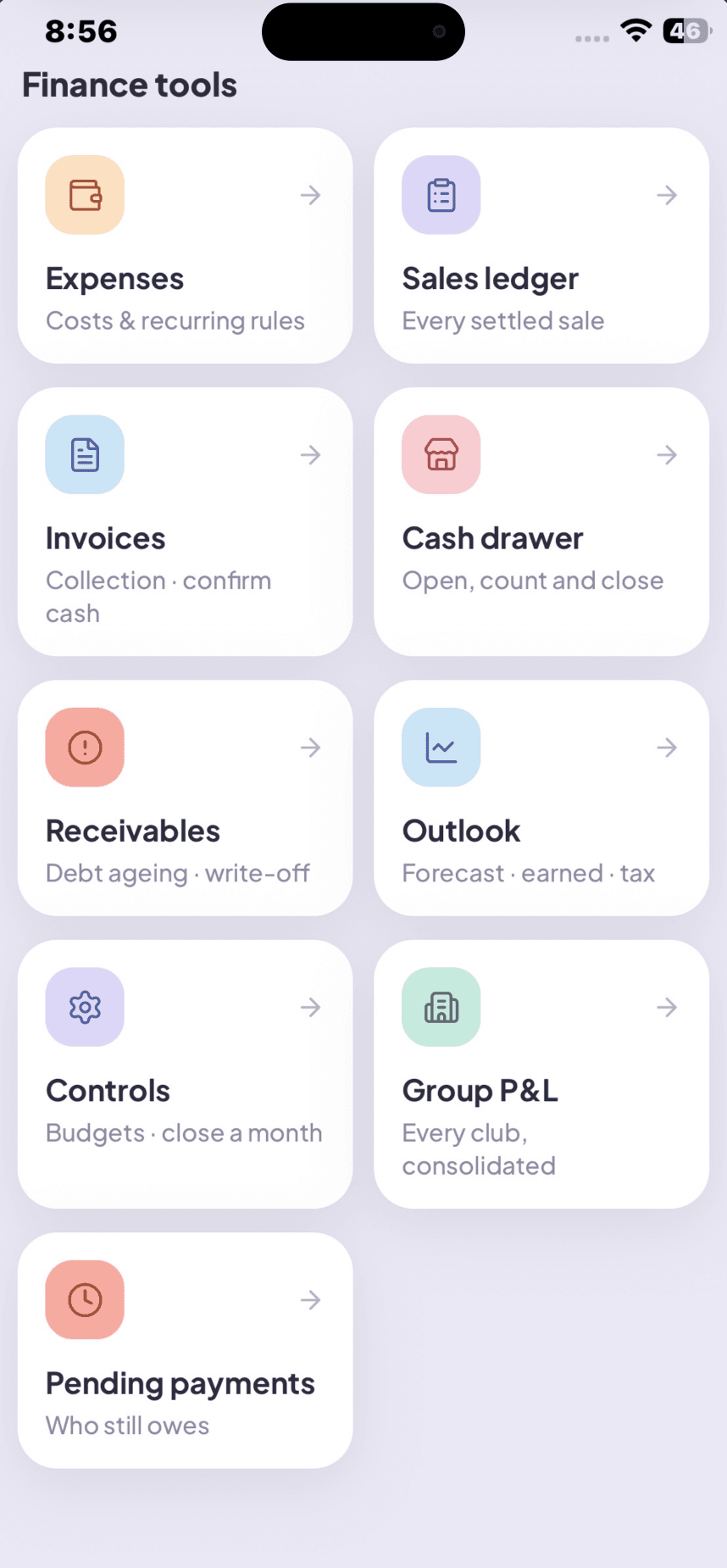 GYMTROX Business app — gym finance tools showing expenses, receivables and cash drawer