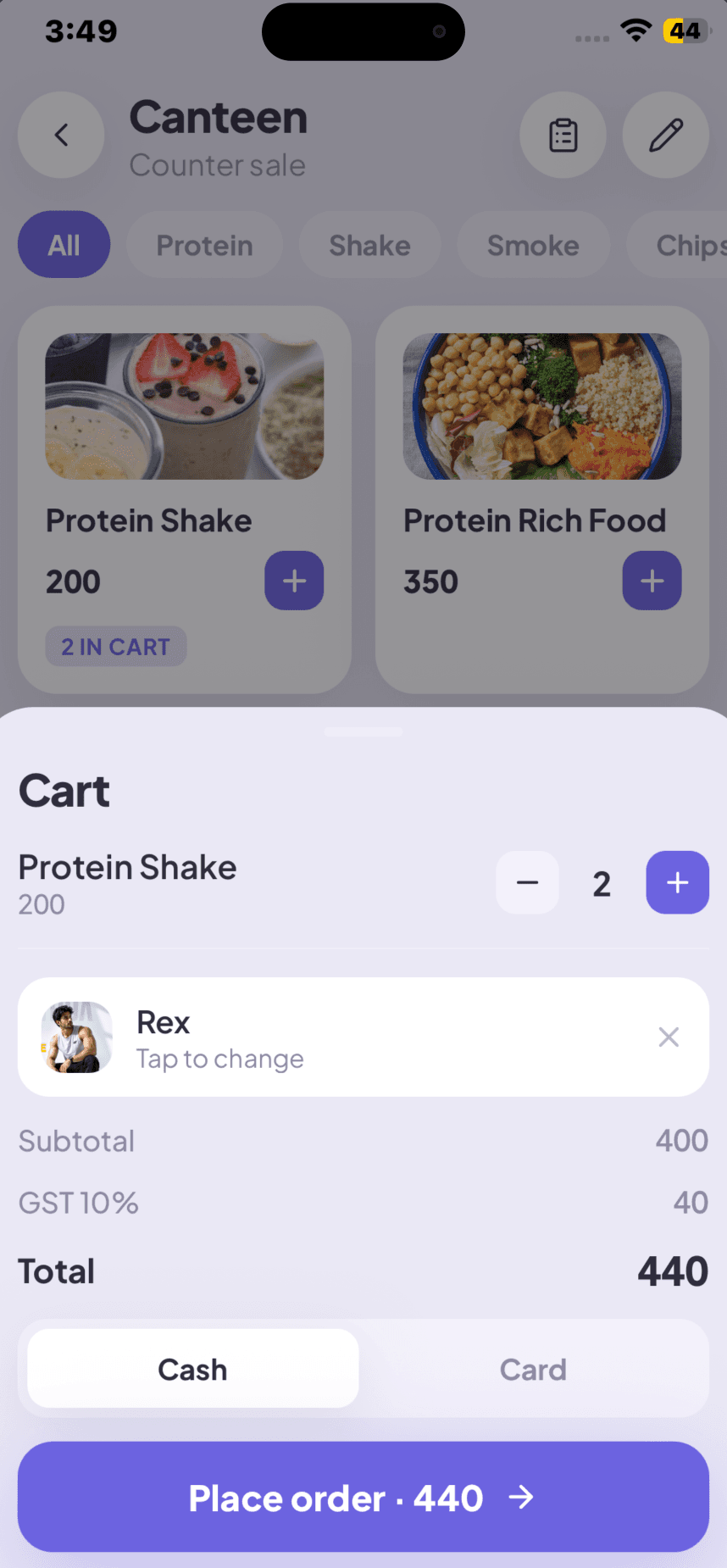 GYMTROX Business app — canteen POS ringing up shakes and supplements