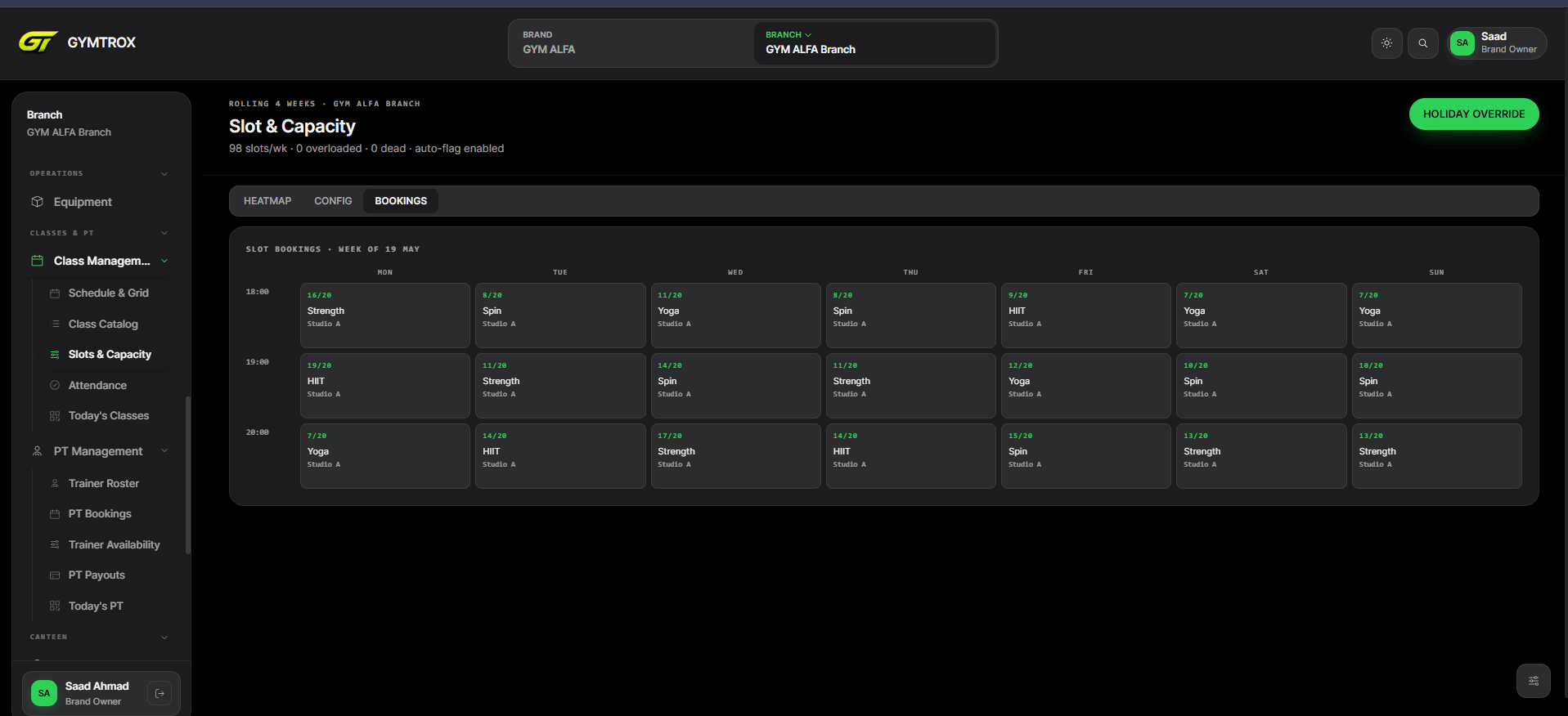 dashboard · class schedule & slot capacity