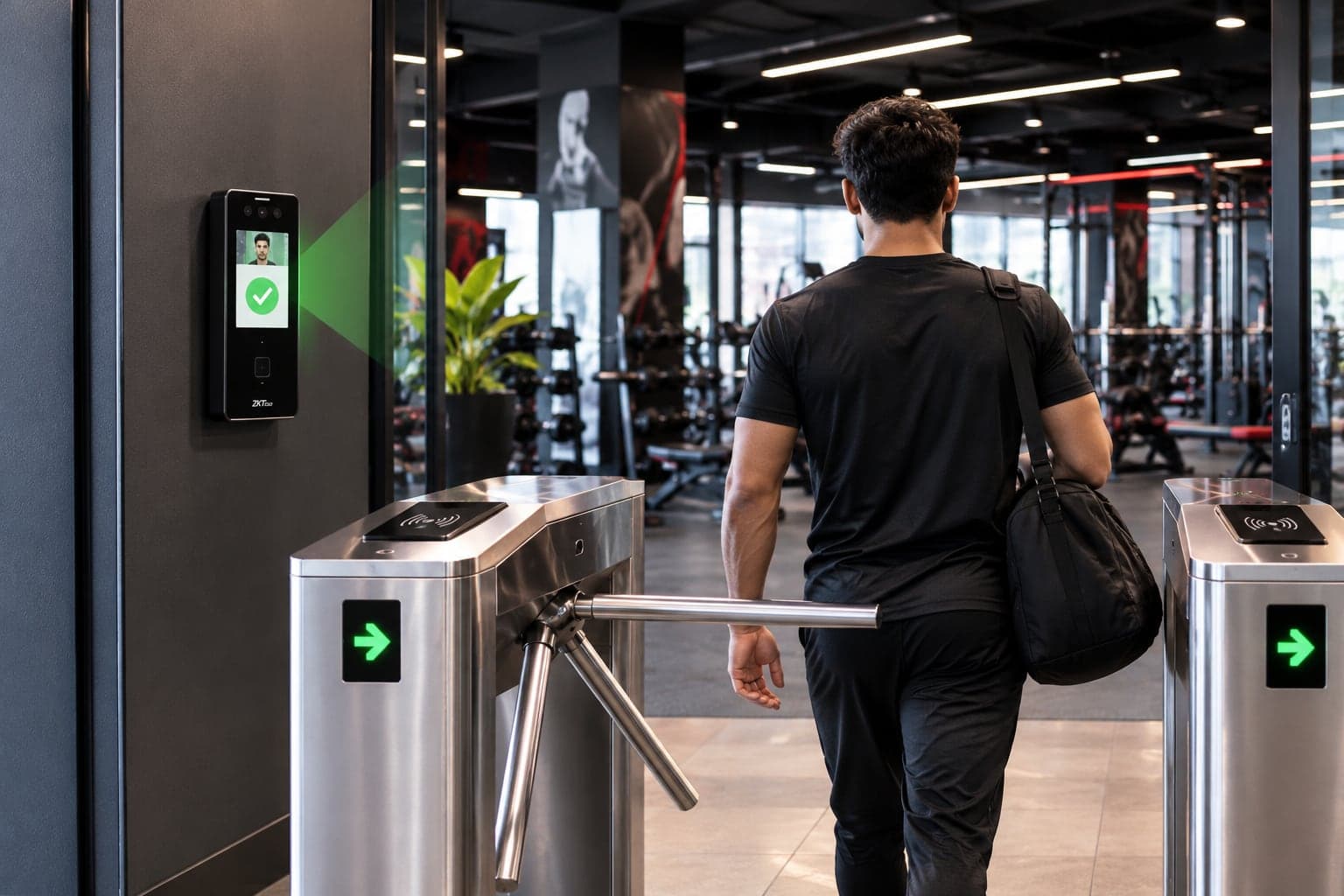 A gym member walks through a stainless-steel tripod turnstile after a wall-mounted ZKTeco face reader shows a green tick