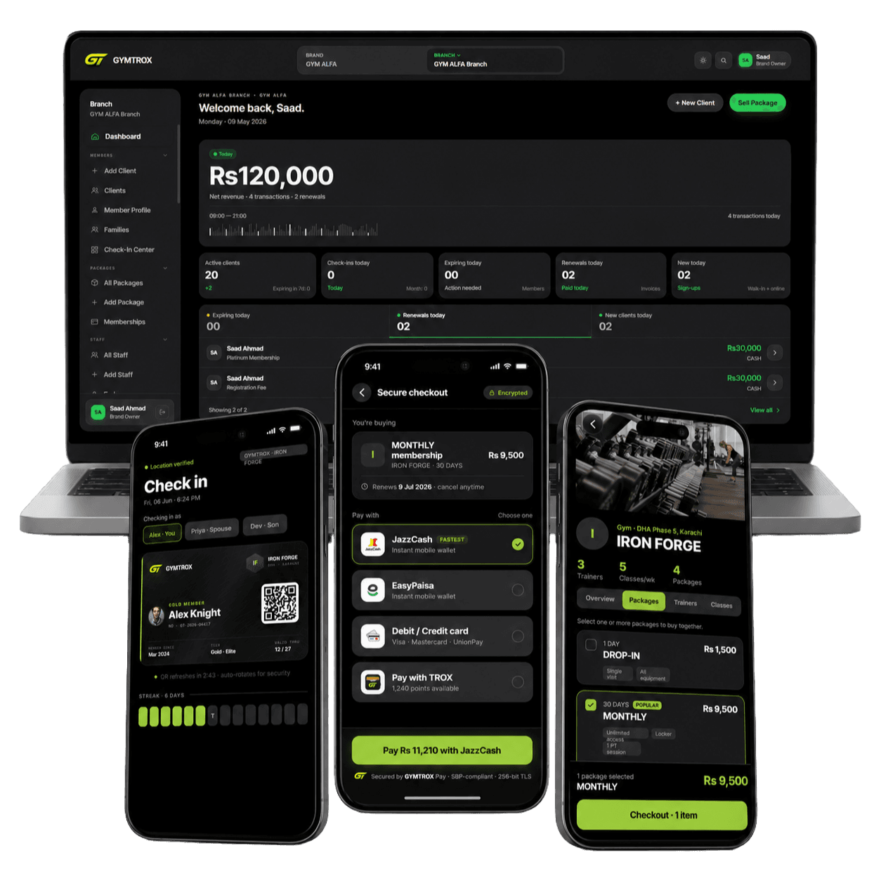 GYMTROX dashboard and member app — branch overview, check-in card, secure checkout and gym packages