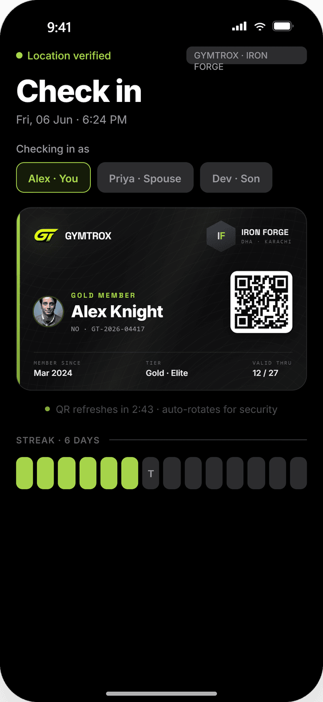 member app — e-gym card & QR check-in